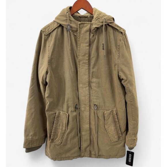 Guess Mens M Coat Khaki Twill Field Jacket Sherpa Hood Quilt Liner Mid Length - Picture 1 of 11